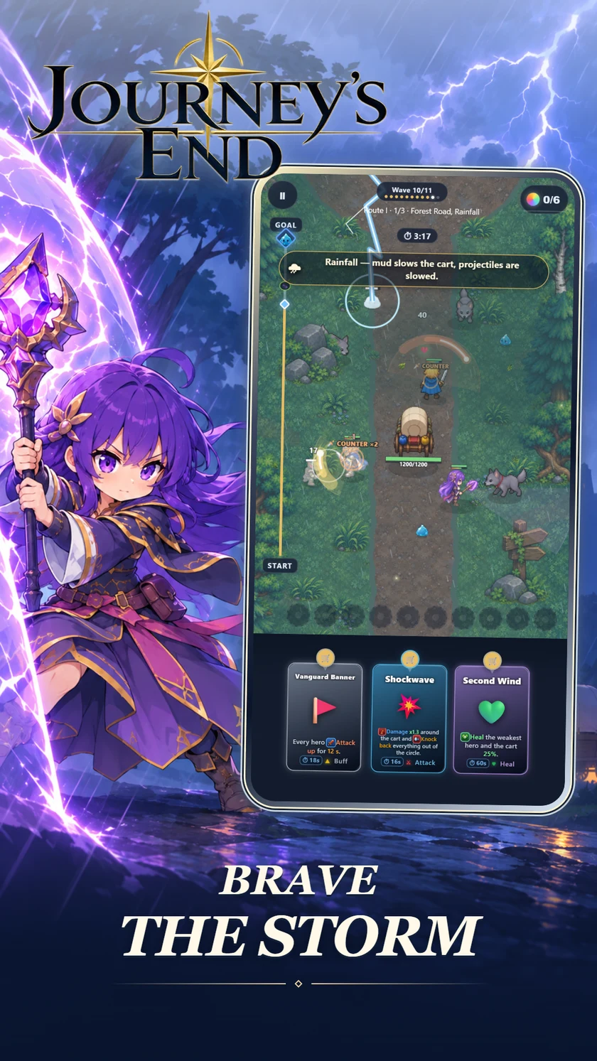 Brave the Storm — rain and lightning strike a forest battlefield.