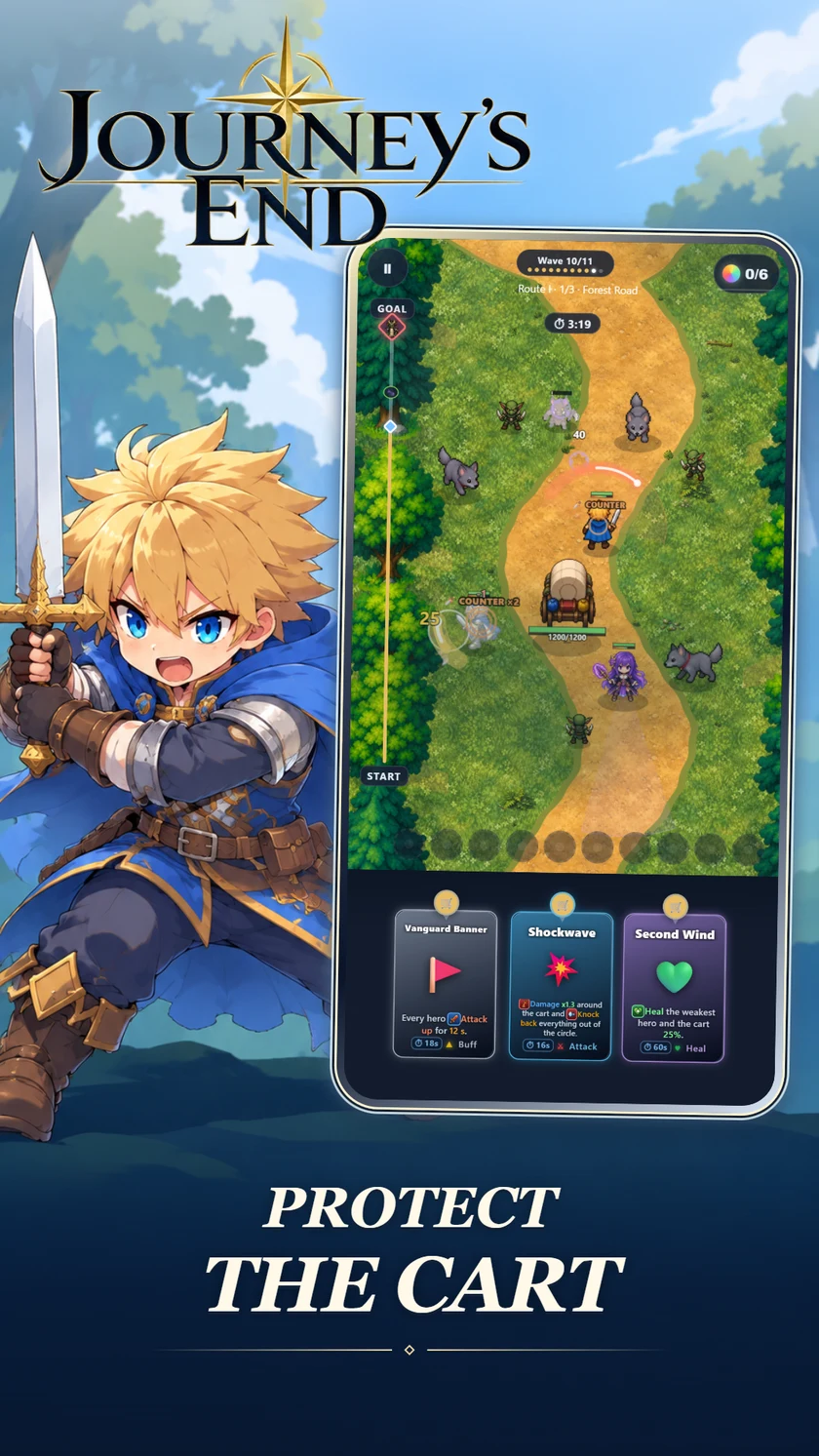 Protect the Cart — the blond fighter guards a cart, with a real gameplay screenshot set inside the illustration.