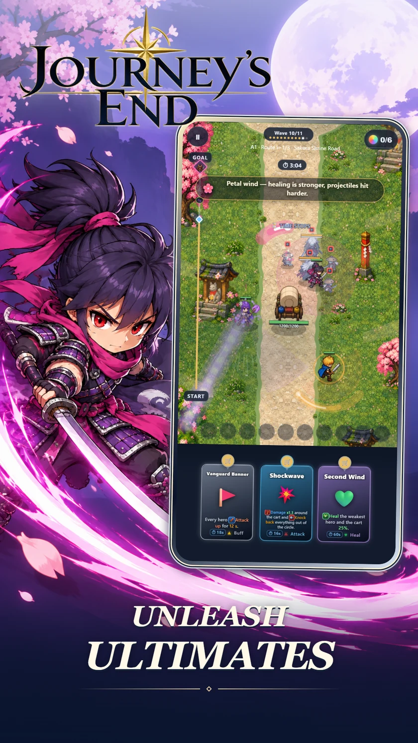 Unleash Ultimates — a samurai and heroes using their powers beneath sakura trees.