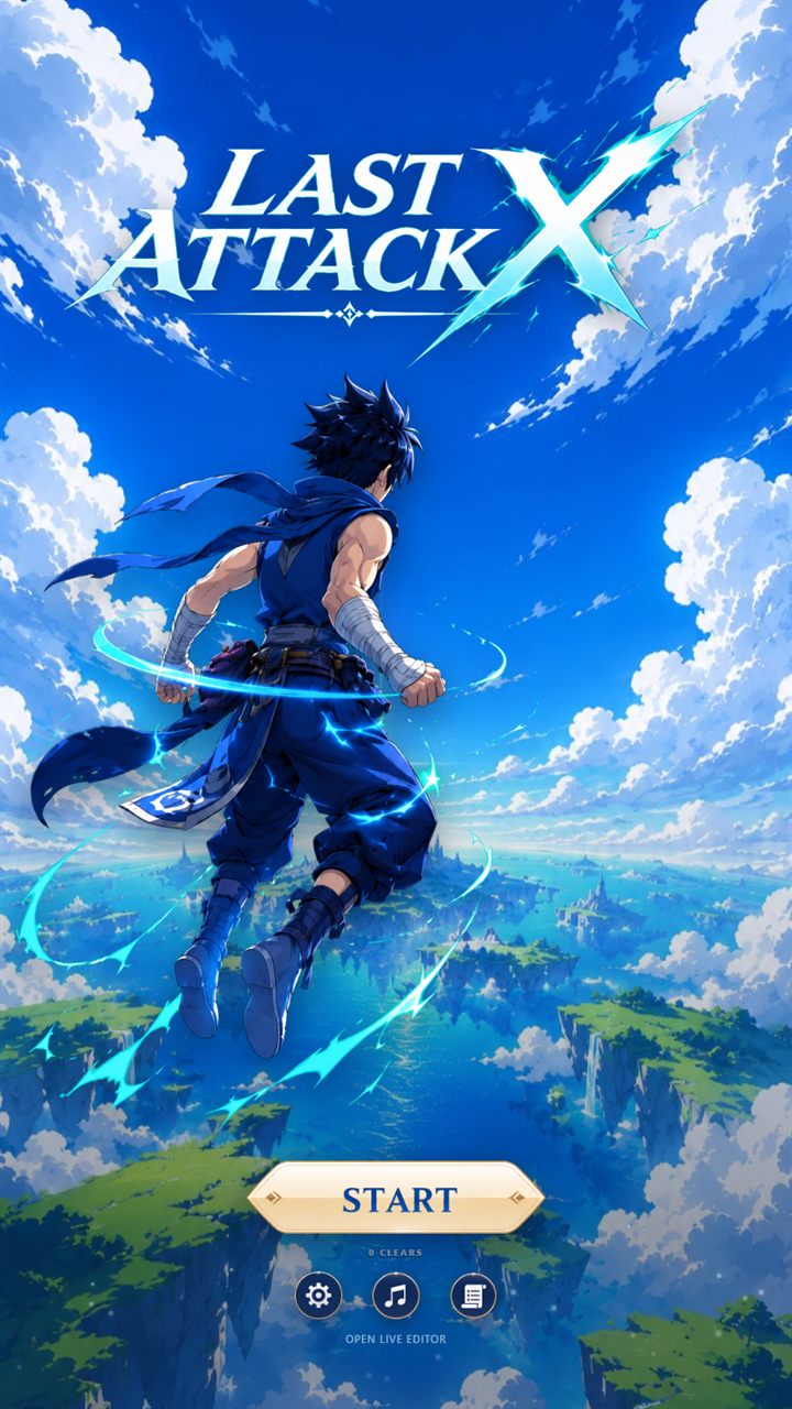 Last Attack X title screen: a fighter trailing cyan energy, hanging above an archipelago of floating islands
