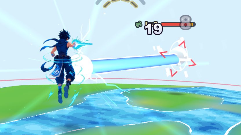 Charged beam striking a locked-on enemy above a blue ocean planet