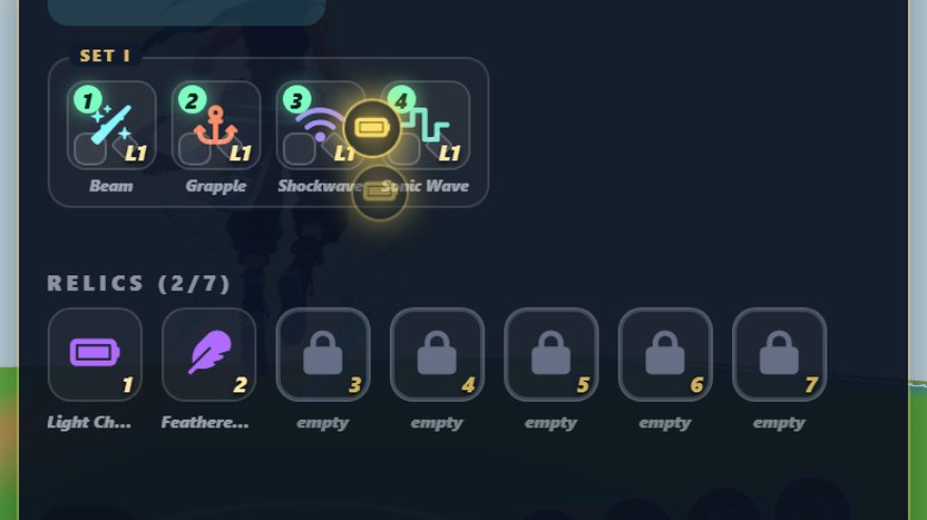 The loadout screen showing a four-card set and a rack of seven relic slots